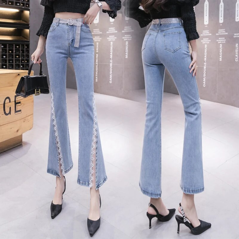 Pantaloni de blugi pentru femeie, primăvară, toamnă, pantaloni elastici cu talie mijlocie, pantaloni cu mărgele din dantelă, cu fundul clopot, Pantalones Vaqueros Mujer
