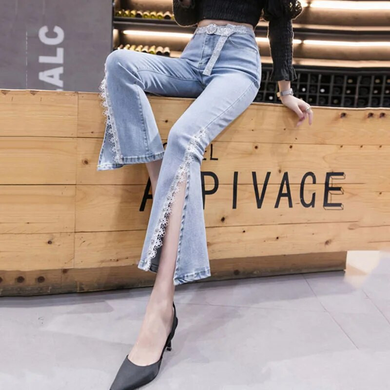 Pantaloni de blugi pentru femeie, primăvară, toamnă, pantaloni elastici cu talie mijlocie, pantaloni cu mărgele din dantelă, cu fundul clopot, Pantalones Vaqueros Mujer