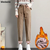 Zimske traperice za žene Baršunaste debele tople traper hlače Fleece Mom Jeans visokog struka Vintage Harem traper hlače do gležnja