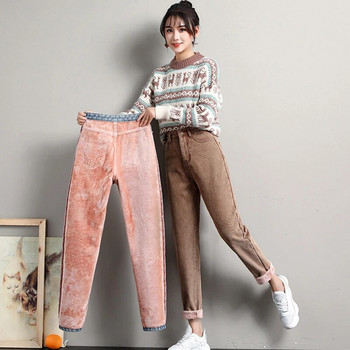 Χειμερινό τζιν για γυναίκες Βελούδινο χοντρό ζεστό τζιν παντελόνι ψηλόμεσο φλις μαμά τζιν Vintage φαρδύ πόδι μέχρι τον αστράγαλο παντελόνι τζιν χαρέμι