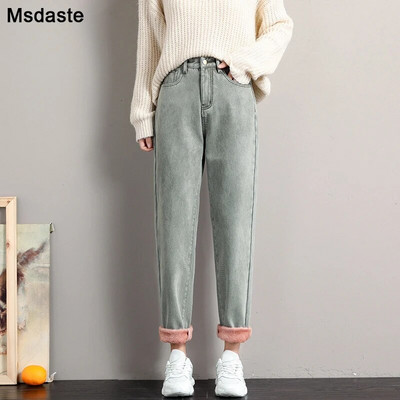 Zimske traperice za žene Baršunaste debele tople traper hlače Fleece Mom Jeans visokog struka Vintage Harem traper hlače do gležnja
