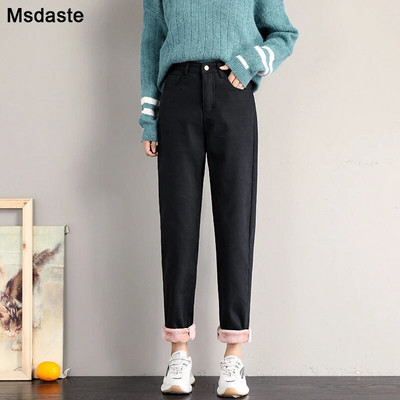 Zimske traperice za žene Baršunaste debele tople traper hlače Fleece Mom Jeans visokog struka Vintage Harem traper hlače do gležnja