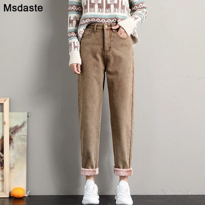 Zimske traperice za žene Baršunaste debele tople traper hlače Fleece Mom Jeans visokog struka Vintage Harem traper hlače do gležnja