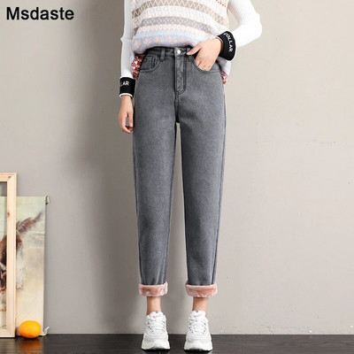 Zimske traperice za žene Baršunaste debele tople traper hlače Fleece Mom Jeans visokog struka Vintage Harem traper hlače do gležnja