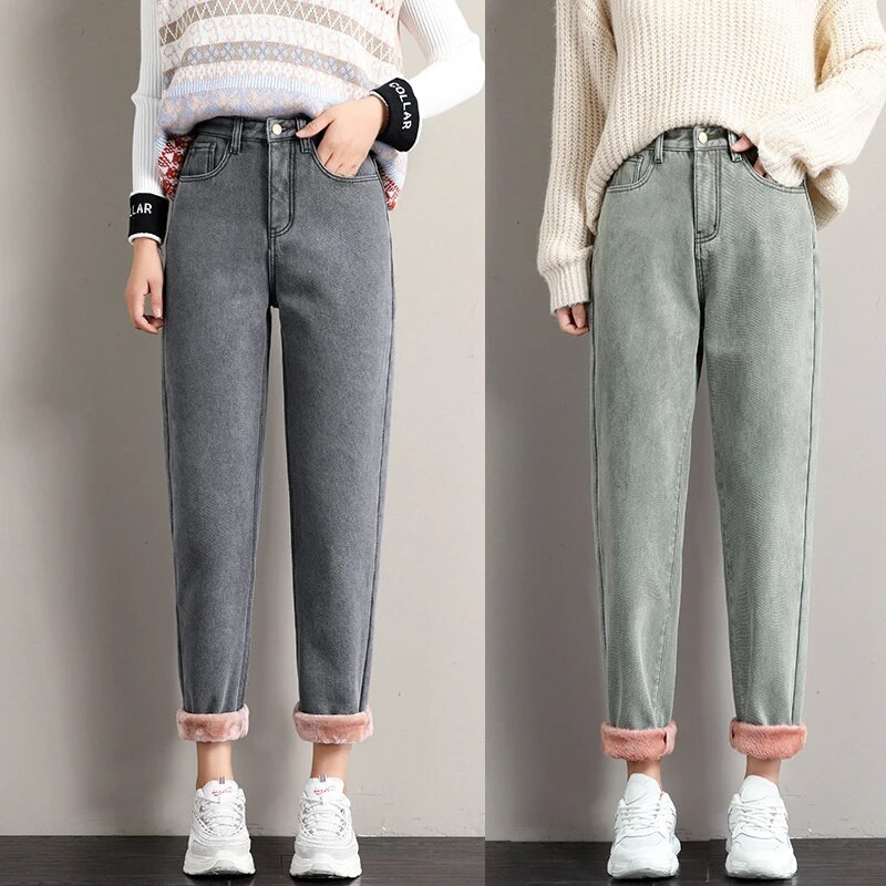 Zimske traperice za žene Baršunaste debele tople traper hlače Fleece Mom Jeans visokog struka Vintage Harem traper hlače do gležnja