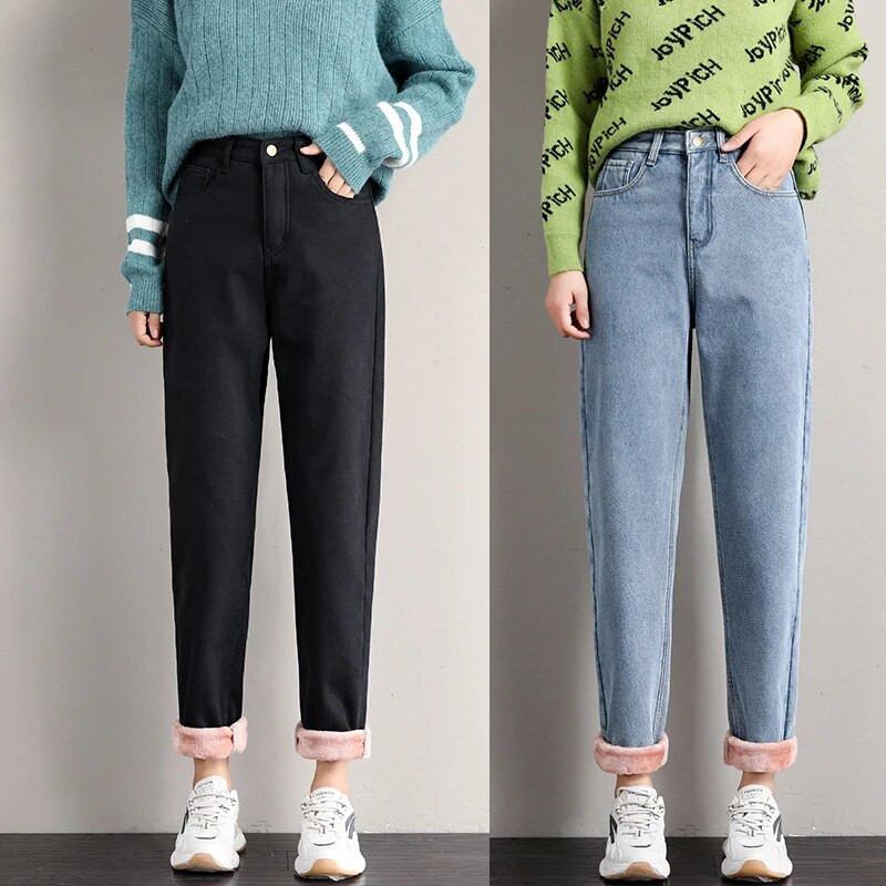 Zimske traperice za žene Baršunaste debele tople traper hlače Fleece Mom Jeans visokog struka Vintage Harem traper hlače do gležnja