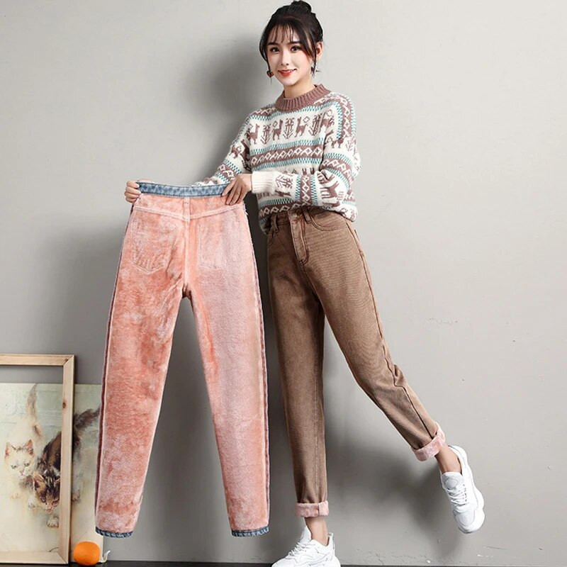 Zimske traperice za žene Baršunaste debele tople traper hlače Fleece Mom Jeans visokog struka Vintage Harem traper hlače do gležnja
