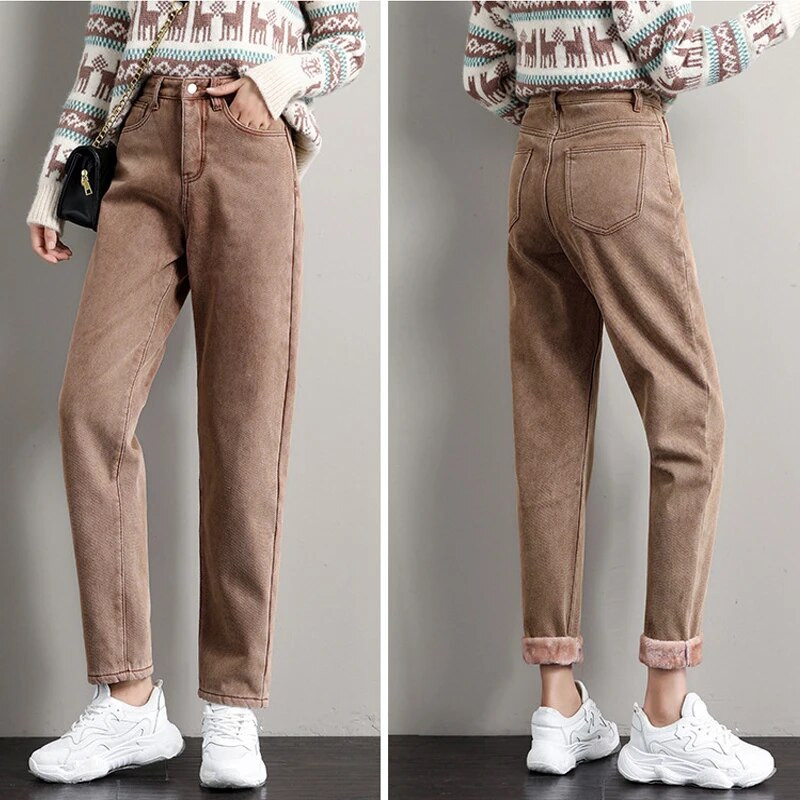 Zimske traperice za žene Baršunaste debele tople traper hlače Fleece Mom Jeans visokog struka Vintage Harem traper hlače do gležnja