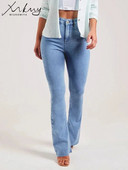 MiuKoMiYa Skinny Straight Farmer Női 2023 Új magas derekú farmer nadrág világoskék elasztikus női farmer egyenes lábú nadrág