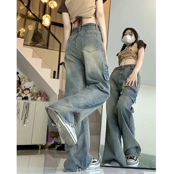 Lucyever High Waist Wide Leg Pants Woman Y2K Retro High Street Loose Straight Jeans Female Harajuku Zipper Design Denim Trousers