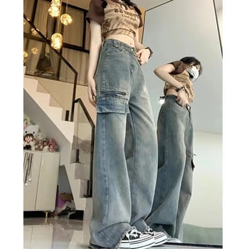 Lucyever High Waist Wide Leg Pants Woman Y2K Retro High Street Loose Straight Jeans Female Harajuku Zipper Design Denim Trousers