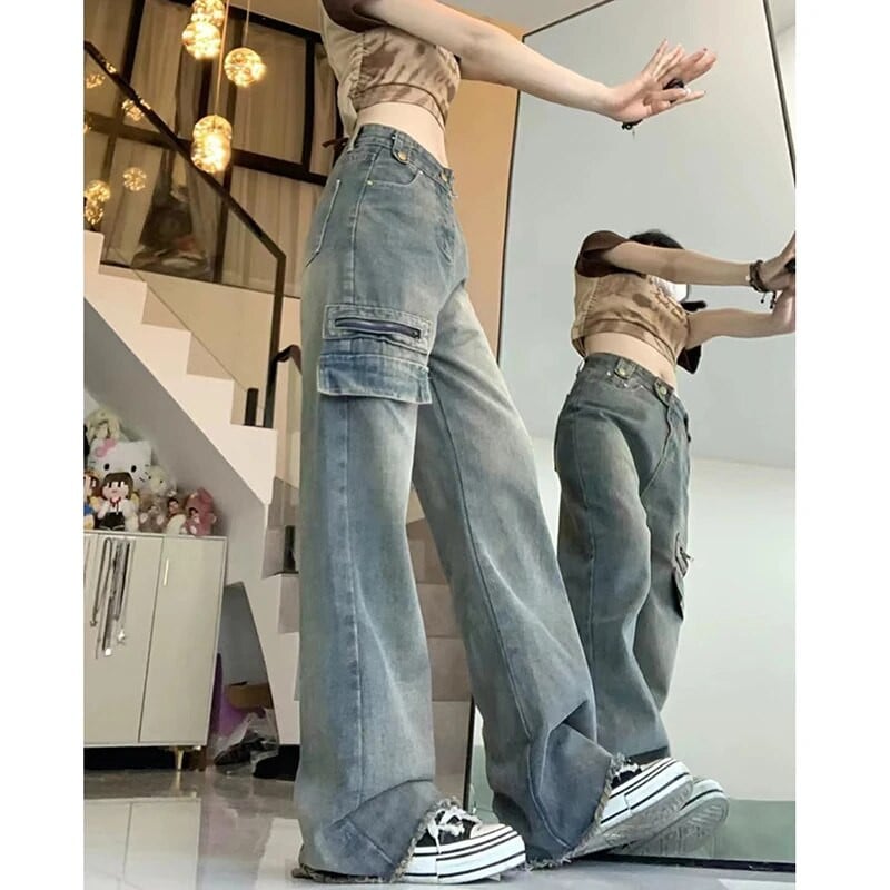 Lucyever Hlače širokih nogavica visokog struka Ženske Y2K Retro High Street široke ravne traperice Ženske Harajuku traper hlače s patentnim zatvaračem