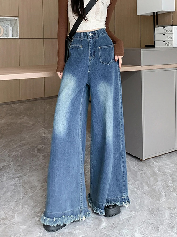 Φαρδύ τζιν Γυναικείο ψηλόμεσο τζιν φθινόπωρο 2023 Νέο ακανόνιστο τζιν παντελόνι με φαρδύ πόδι Vintage παντελόνι ολόσωμο