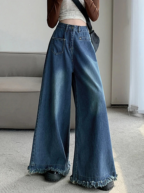 Φαρδύ τζιν Γυναικείο ψηλόμεσο τζιν φθινόπωρο 2023 Νέο ακανόνιστο τζιν παντελόνι με φαρδύ πόδι Vintage παντελόνι ολόσωμο