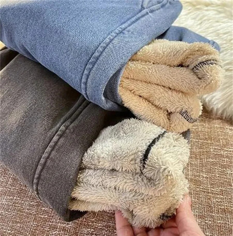 Oversize Χειμερινό φλις φαρδύ τζιν Casual χοντρό ψηλόμεσο ίσιο τζιν παντελόνι Γυναικείο βελούδινο βελούδινο ζεστό φαρδύ πόδι Vaqueros Z359