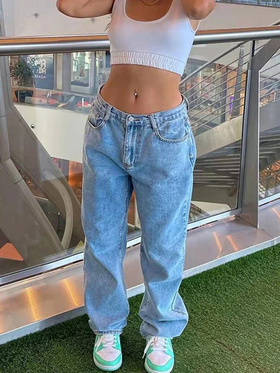 Дънки за жени Свободни с висока талия Y2k Femme прав панталон Denim Mom Baggy Jeans Модни ежедневни сини прани памучни дрехи