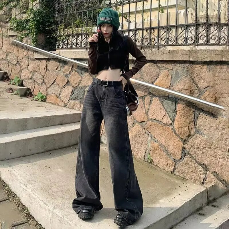 Plačios džinsai Moteriški korėjietiškos mados Harajuku Baggy džinsinės kelnės Didelės gatvės apranga Vintažinės pavasario ir rudens laisvalaikio kelnės