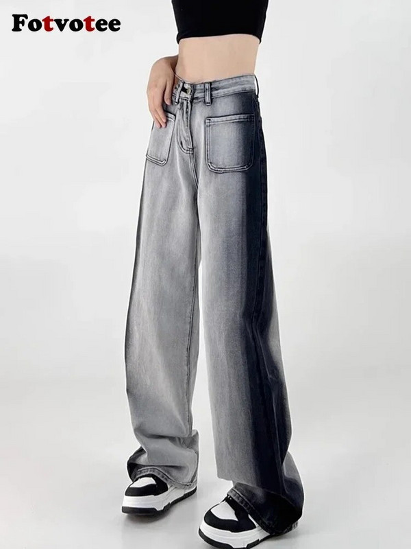 Fotvotee Gradient Jeans Ženske vrećaste hlače širokih nogavica Jeans visokog struka Boyfriend moda pune ulične odjeće Vintage odjeća