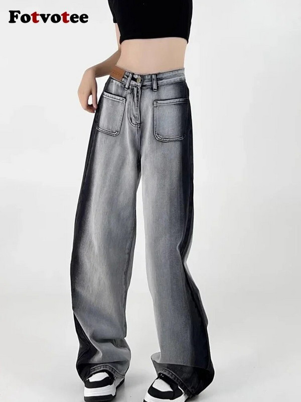 Fotvotee Gradient Jeans Ženske vrećaste hlače širokih nogavica Jeans visokog struka Boyfriend moda pune ulične odjeće Vintage odjeća