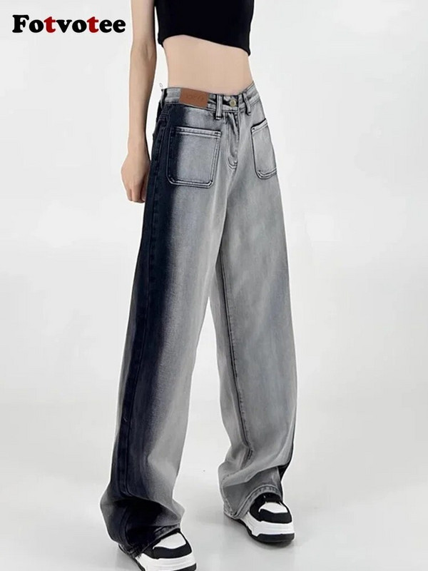 Fotvotee Gradient Jeans Ženske vrećaste hlače širokih nogavica Jeans visokog struka Boyfriend moda pune ulične odjeće Vintage odjeća
