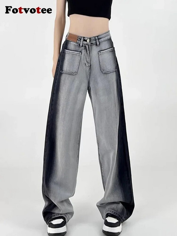 Fotvotee Gradient Jeans Ženske vrećaste hlače širokih nogavica Jeans visokog struka Boyfriend moda pune ulične odjeće Vintage odjeća