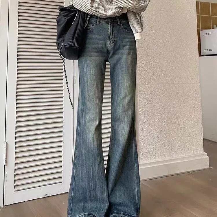 Blugi vintage cu talie înaltă pentru femei Pantaloni evazați slăbiți Pantaloni noi, spălați, cu potcoavă, pantaloni largi la modă