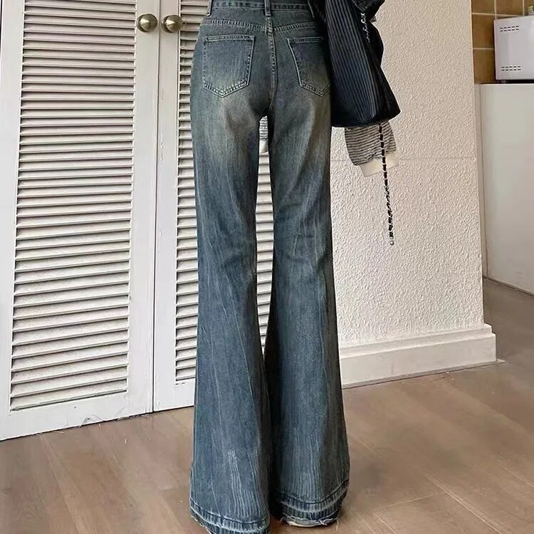 Blugi vintage cu talie înaltă pentru femei Pantaloni evazați slăbiți Pantaloni noi, spălați, cu potcoavă, pantaloni largi la modă