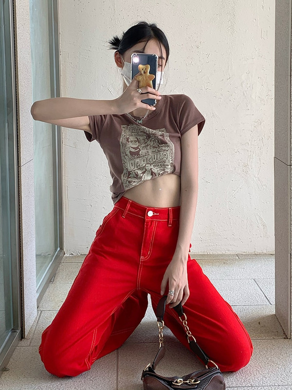 Női táskás piros farmer koreai divat magas derekú farmer nadrág egyenes szárú nadrág sztreccs barát Y2k alkalmi laza utcai viselet