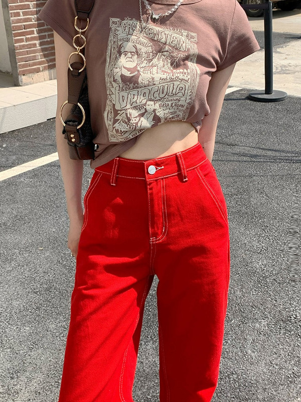 Női táskás piros farmer koreai divat magas derekú farmer nadrág egyenes szárú nadrág sztreccs barát Y2k alkalmi laza utcai viselet