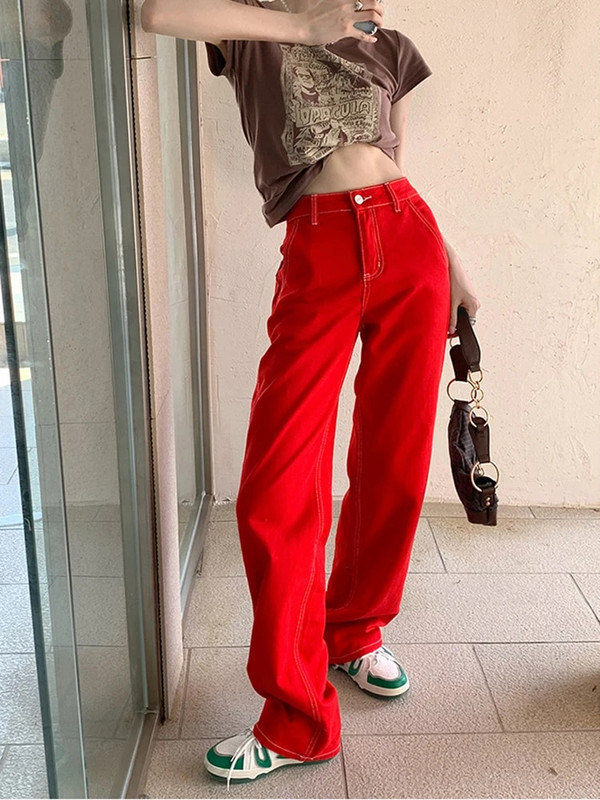 Női táskás piros farmer koreai divat magas derekú farmer nadrág egyenes szárú nadrág sztreccs barát Y2k alkalmi laza utcai viselet