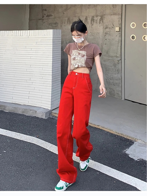 Női táskás piros farmer koreai divat magas derekú farmer nadrág egyenes szárú nadrág sztreccs barát Y2k alkalmi laza utcai viselet