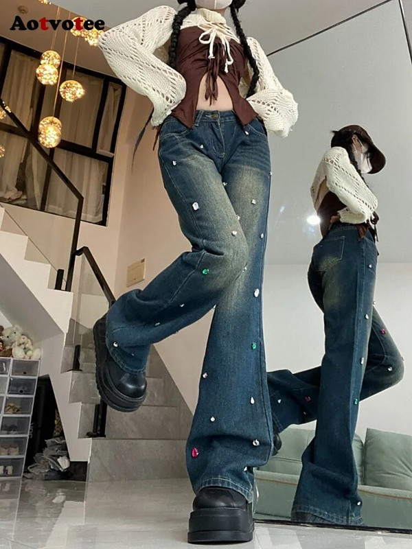 Aotvotee gyémánt farmer 2023-as női divatos, alacsony derékú, karcsú, elegáns Y2k farmer nadrágok Vintage alkalmi utcai viselet, egyenesen csillogó farmer