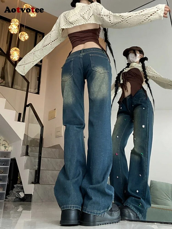 Aotvotee gyémánt farmer 2023-as női divatos, alacsony derékú, karcsú, elegáns Y2k farmer nadrágok Vintage alkalmi utcai viselet, egyenesen csillogó farmer