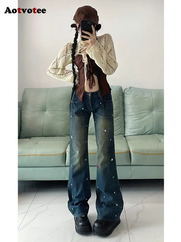 Aotvotee gyémánt farmer 2023-as női divatos, alacsony derékú, karcsú, elegáns Y2k farmer nadrágok Vintage alkalmi utcai viselet, egyenesen csillogó farmer