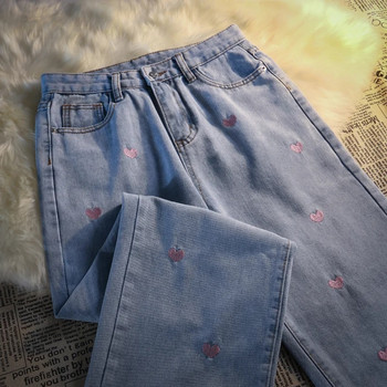 Komiyama Sweet Ebroidery Love Heart Denim Παντελόνι Fashion Ins Y2k Jeans Streetwear Ψηλόμεσο παντελόνι Φθινοπωρινό Kawaii Bottoms