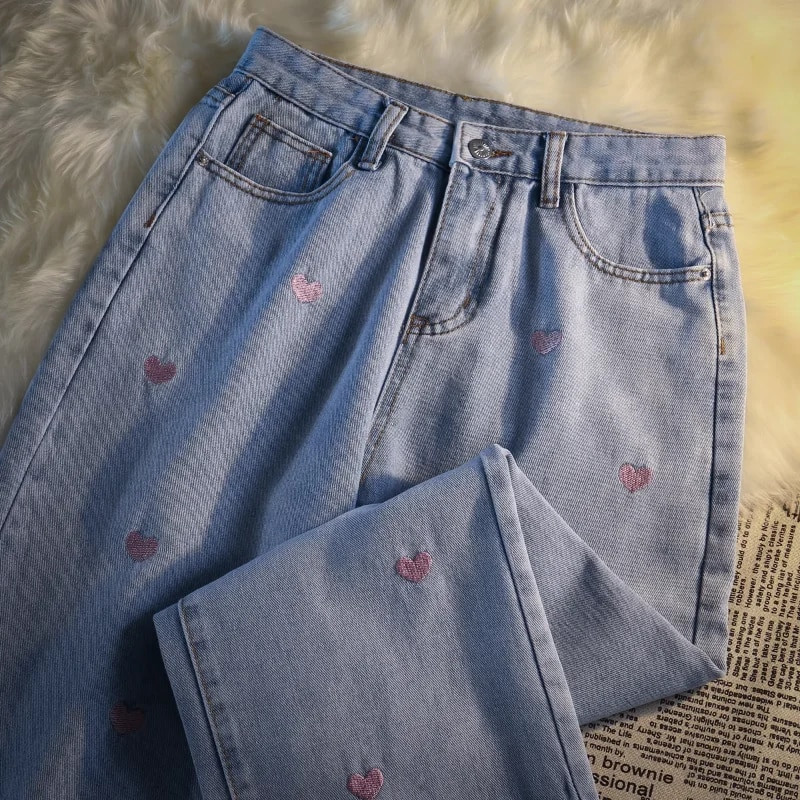 Komiyama Sweet Embroidery Love Heart Denim hlače Fashion Ins Y2k Jeans Streetwear Hlače visokog struka Jesen Kawaii donji dio