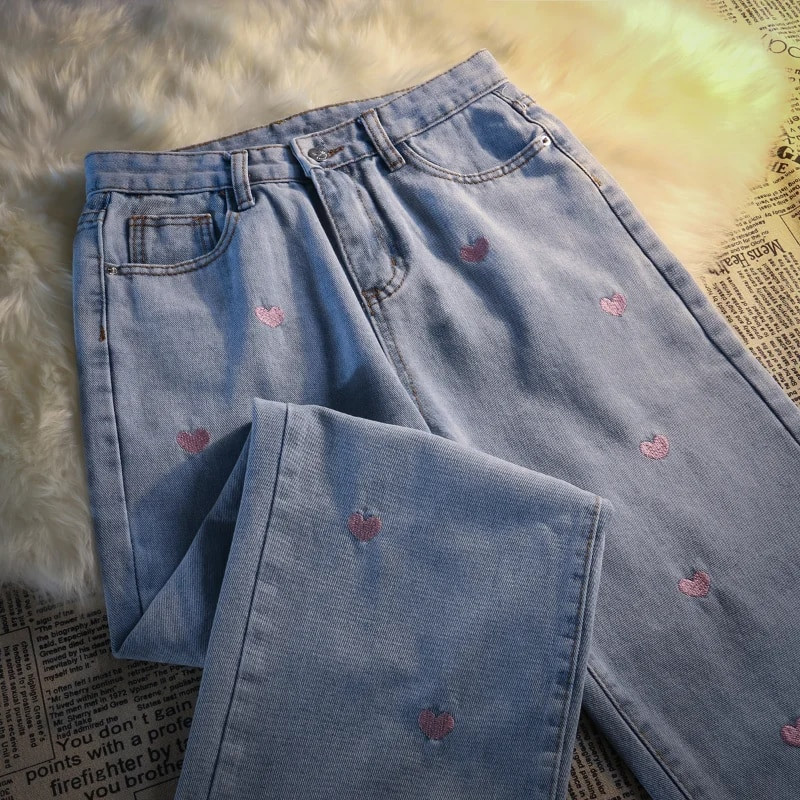 Komiyama Sweet Embroidery Love Heart Denim hlače Fashion Ins Y2k Jeans Streetwear Hlače visokog struka Jesen Kawaii donji dio