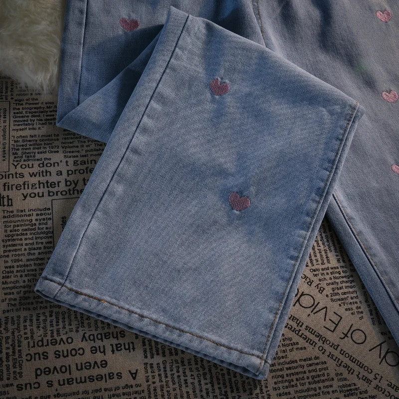 Komiyama Sweet Embroidery Love Heart Denim hlače Fashion Ins Y2k Jeans Streetwear Hlače visokog struka Jesen Kawaii donji dio