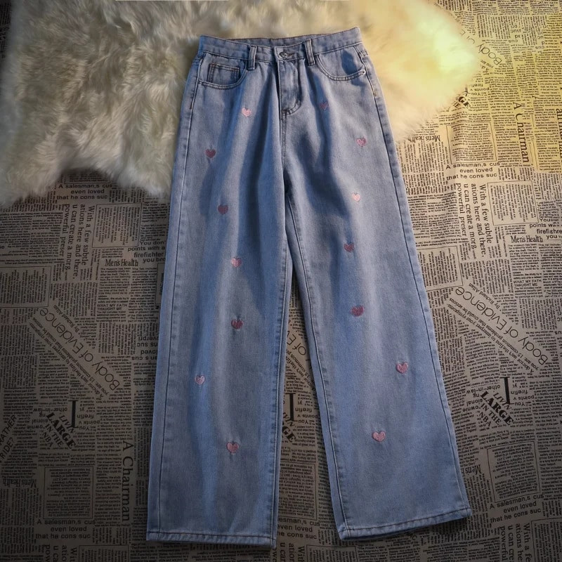 Komiyama Sweet Embroidery Love Heart Denim hlače Fashion Ins Y2k Jeans Streetwear Hlače visokog struka Jesen Kawaii donji dio