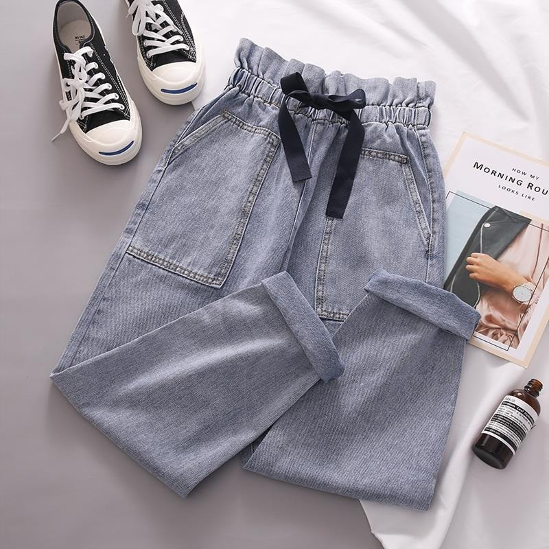 Ženske traperice Hlače Traperice Ženske traperice visokog struka Mom Jeans Elastične harem hlače Boyfriend široke ležerne hlače s mašnom na čvorove