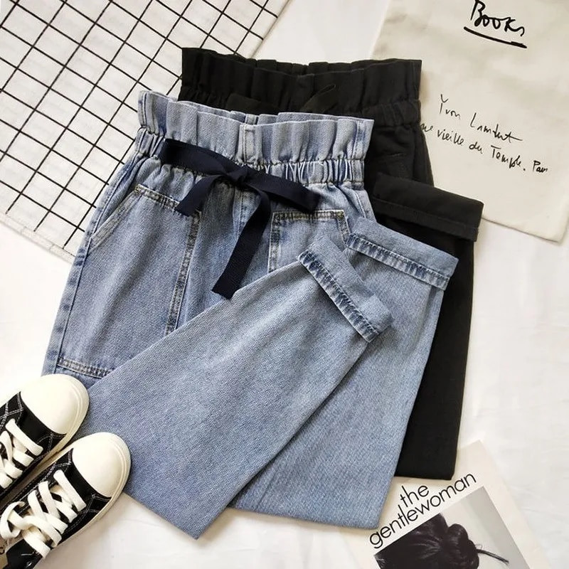 Ženske traperice Hlače Traperice Ženske traperice visokog struka Mom Jeans Elastične harem hlače Boyfriend široke ležerne hlače s mašnom na čvorove