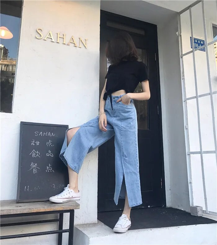 Ženske modne široke kratke traper hlače s dugim trapericama Ženske traperice s visokim strukom Ženske vruće rasprodaje Slouchy Streetwear Plave traper hlače 2