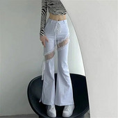 Y2k ραφές με δαντέλα κούφιο έξω με σχισμή στο πλάι Επίδεσμος ψηλόμεσος τζιν με φουσκωτό λεπτό γοτθικό πανκ Streetwear Τζιν παντελόνι Harajuku Παντελόνι