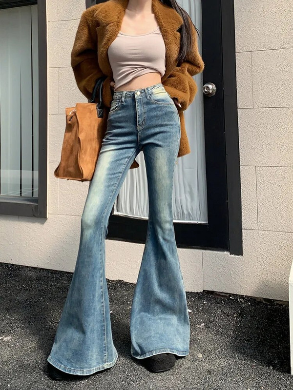 2023 Pantalones Y2K Fashion Washed Blue Slim Flare Jeans Παντελόνι για Γυναικεία Ψηλόμεση 90S Vintage Ρούχα Kpop Lady Denim Παντελόνι