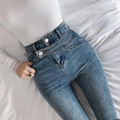Uske traperice visokog struka Korejske modne rastezljive traper hlače olovka Vintage Streetwear Crnoplave sive traperice