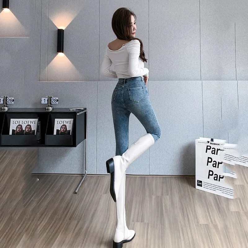 Uske traperice visokog struka Korejske modne rastezljive traper hlače olovka Vintage Streetwear Crnoplave sive traperice