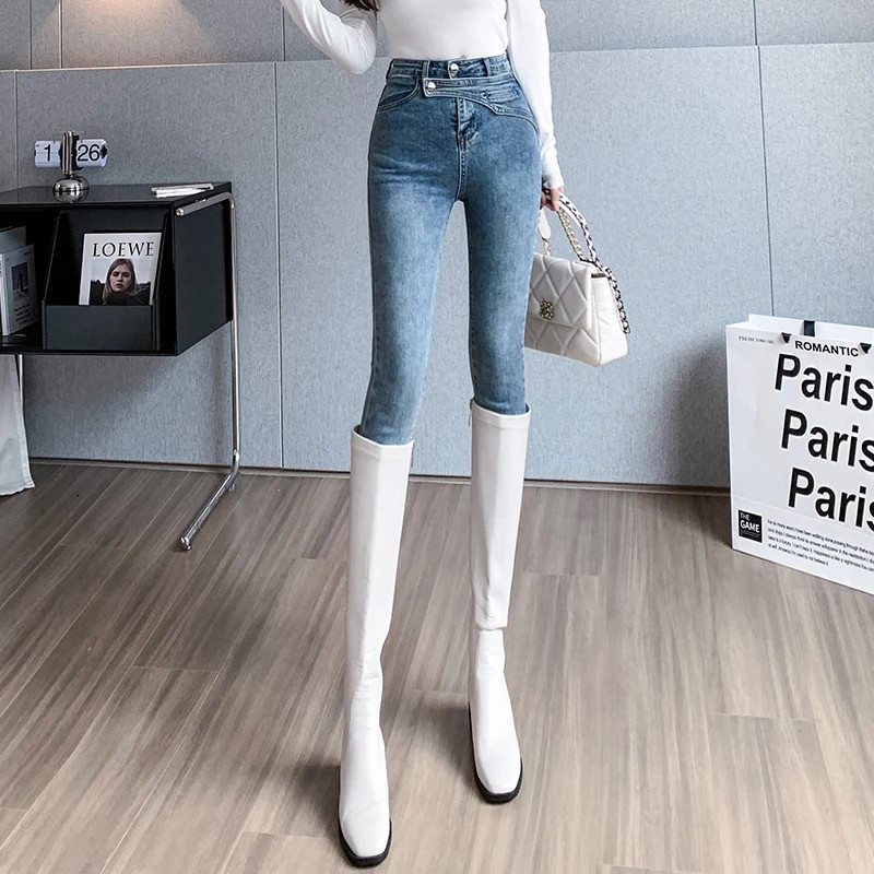 Uske traperice visokog struka Korejske modne rastezljive traper hlače olovka Vintage Streetwear Crnoplave sive traperice