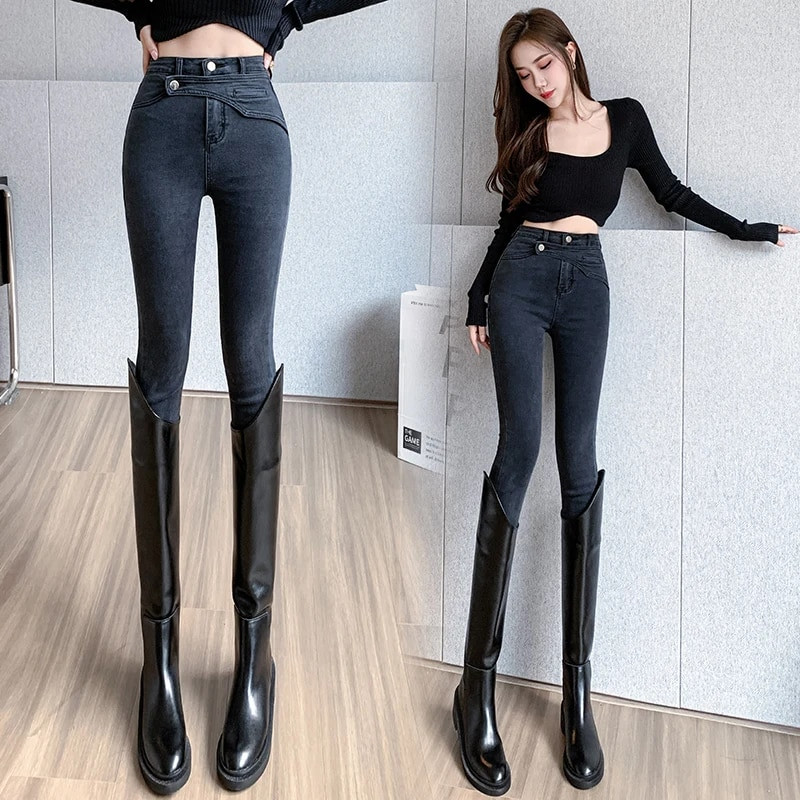 Uske traperice visokog struka Korejske modne rastezljive traper hlače olovka Vintage Streetwear Crnoplave sive traperice