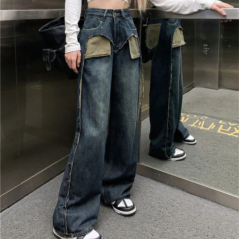 MEXZT Amerikai Retro Farmer Női Patchwork Distressed Farmer nadrág Bf Koreai Streetwear Magas derekú Széles Lábas Egyenes nadrág
