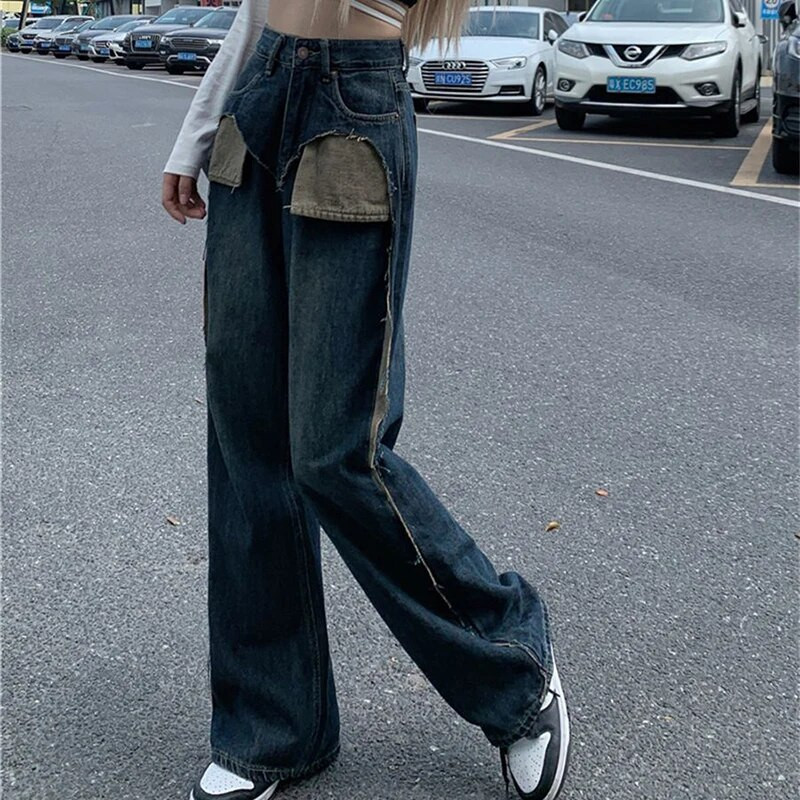 MEXZT Amerikai Retro Farmer Női Patchwork Distressed Farmer nadrág Bf Koreai Streetwear Magas derekú Széles Lábas Egyenes nadrág